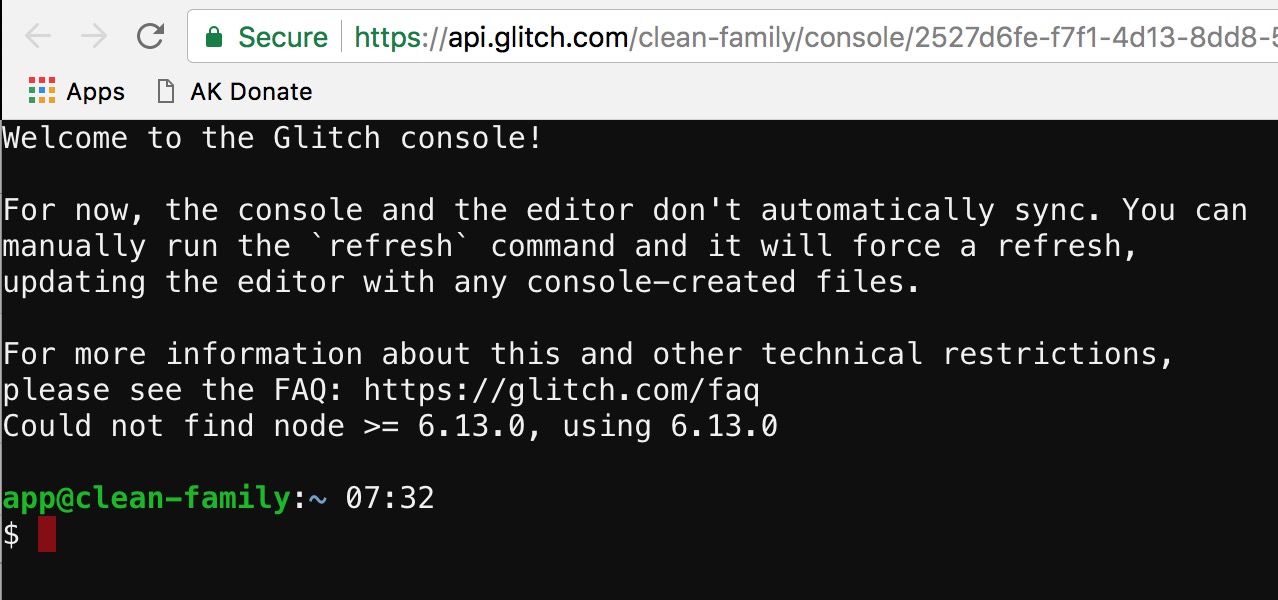 screenshot of Glitch terminal
