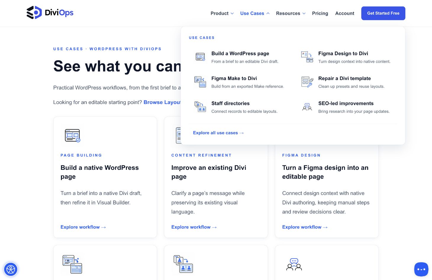 Published DiviOps desktop navigation with the Use Cases mega menu open