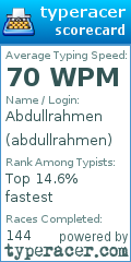 TypeRacer.com scorecard for user abdullrahmen