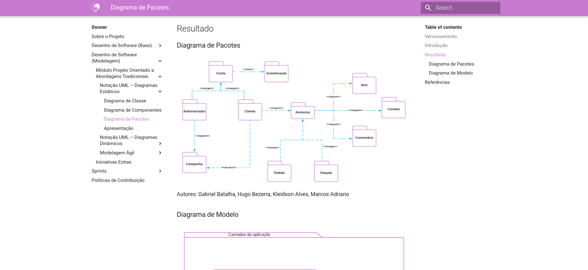 Página do projeto, seção de Diagrama de Pacotes