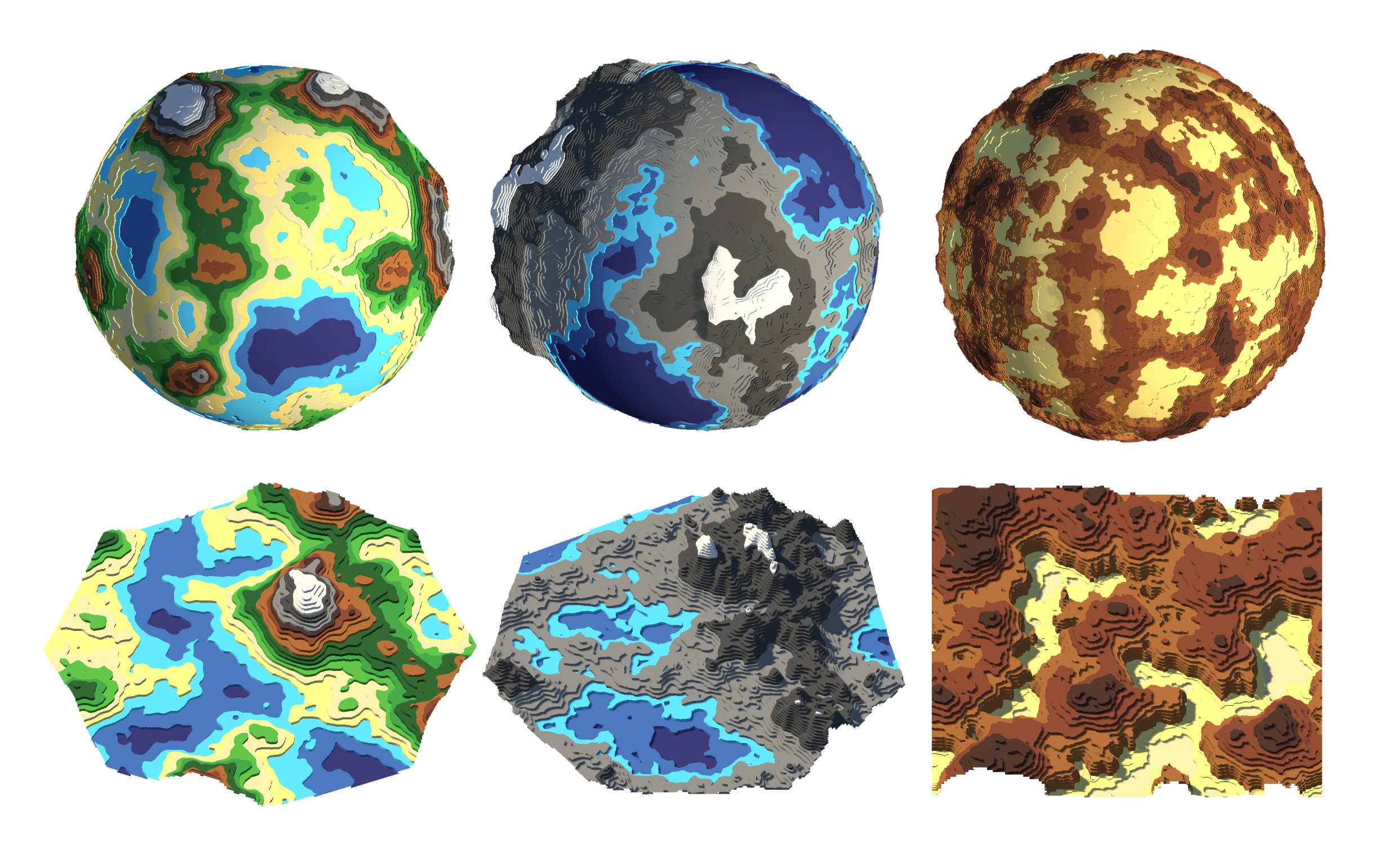 Five images of generated terraced terrains looping.