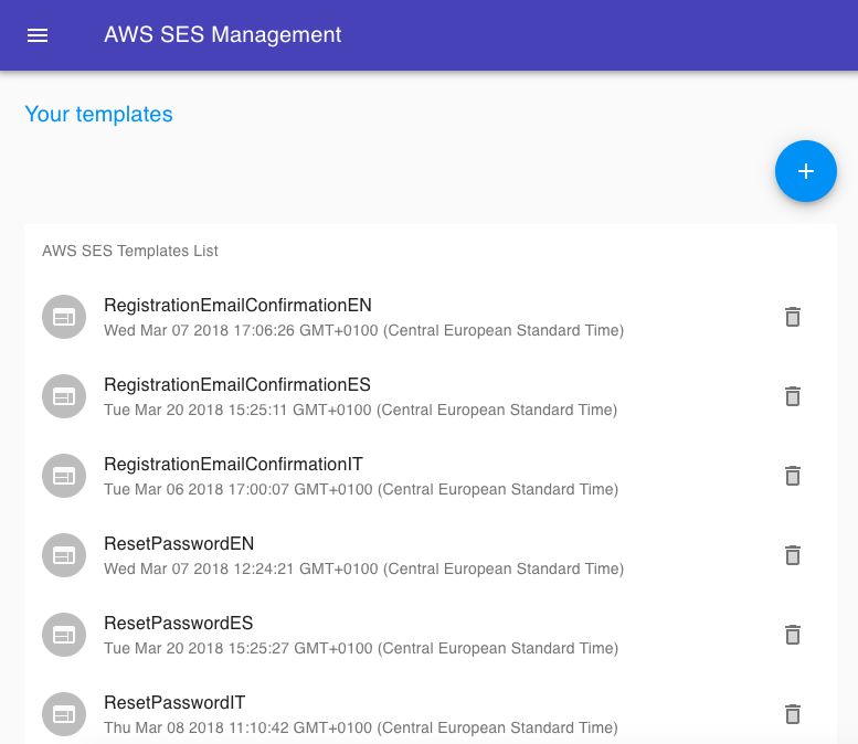 ASW SES Email Template Manager Screenshot: Template List