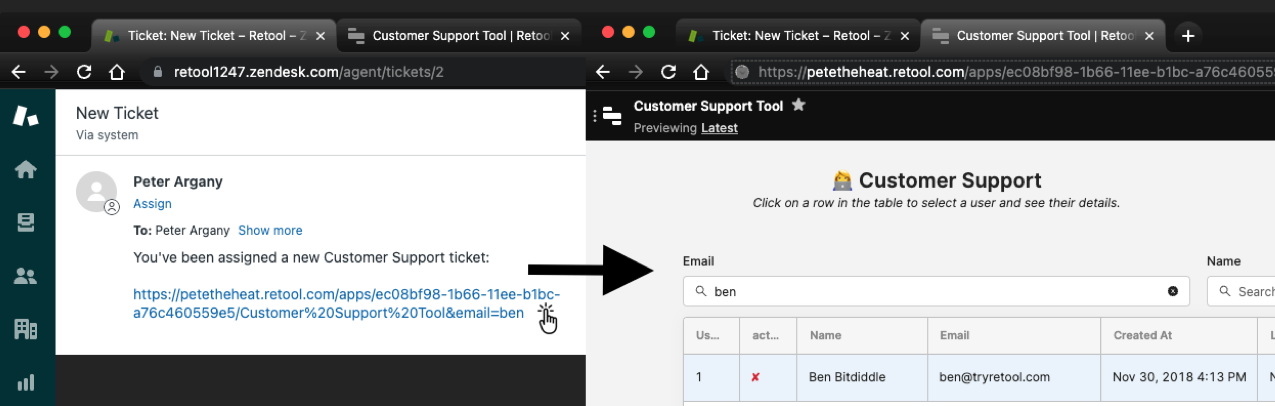 Image depicting a user clicking a zendesk link and a Retool tab opening