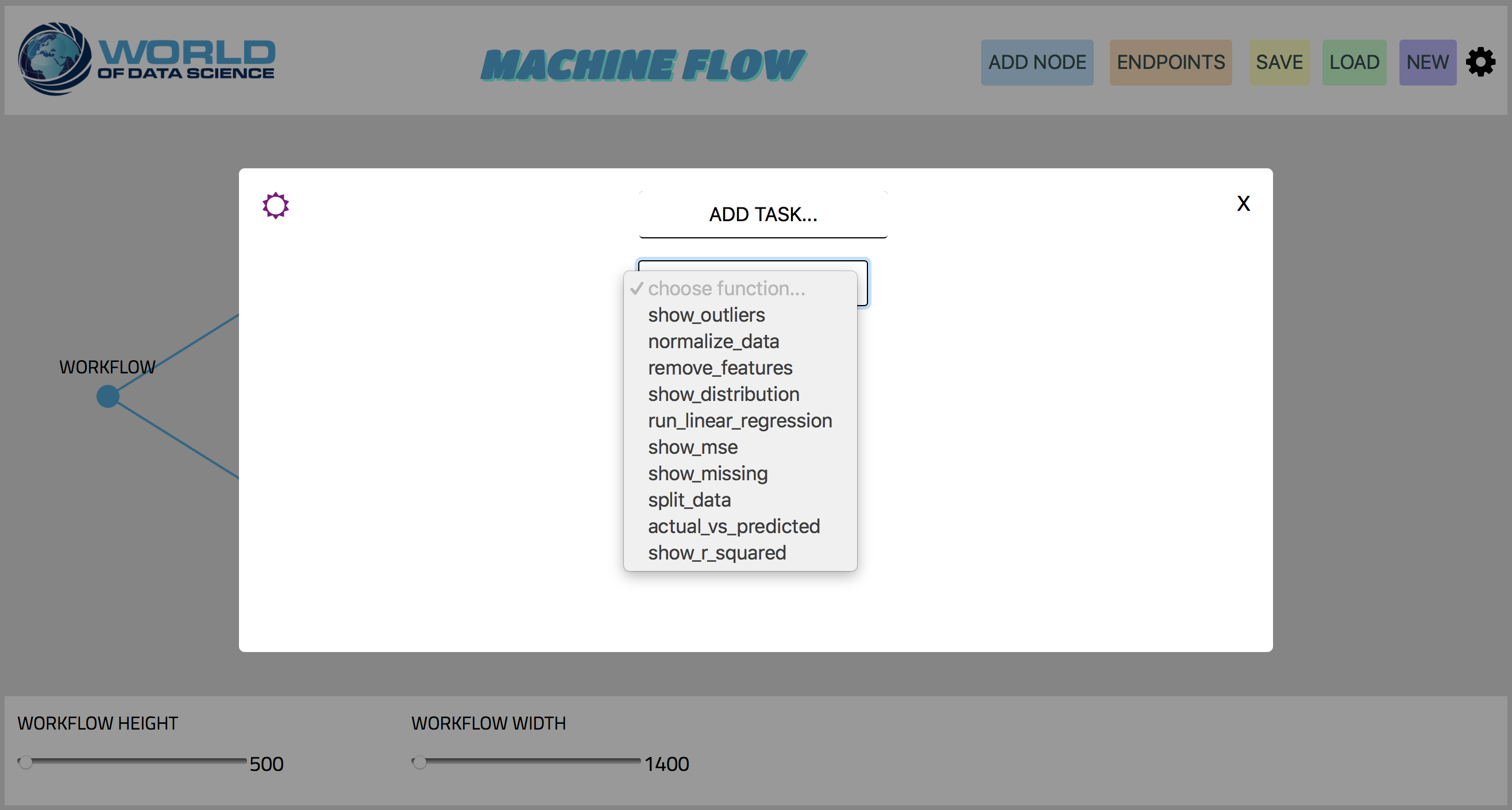 Choosing a function on an ADD TASK node in Machine Flow.