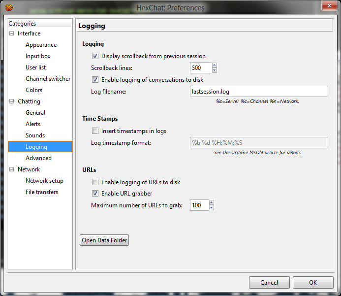 HexChat logging settings