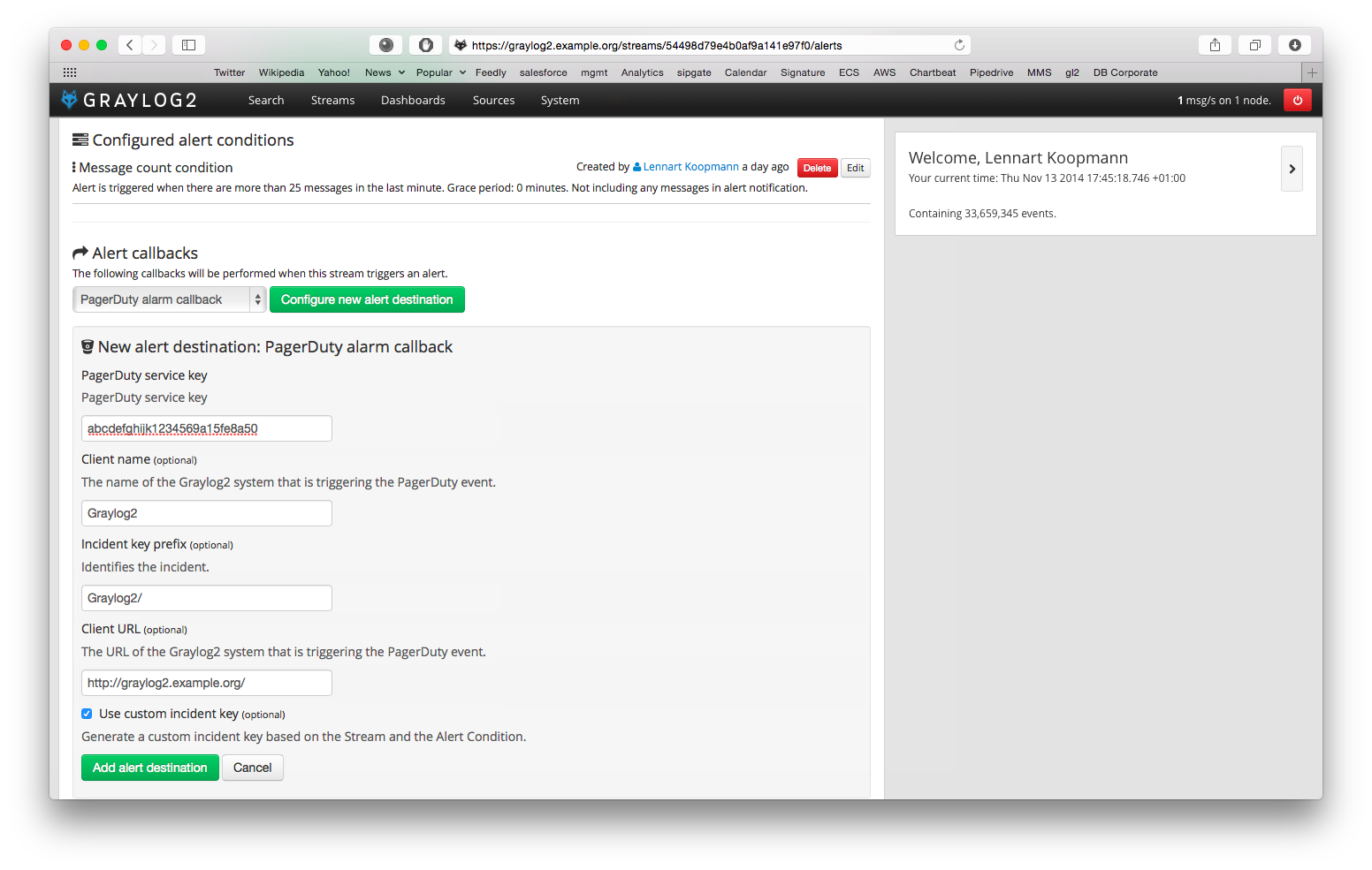 Screenshot: Configuring the PagerDuty alarm callback in Graylog