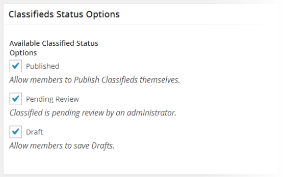 Classifieds - General Settings - Status Options