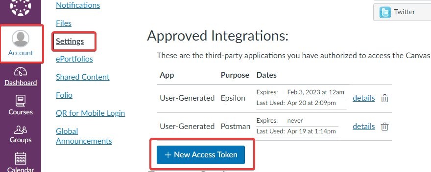 Canvas access token generation