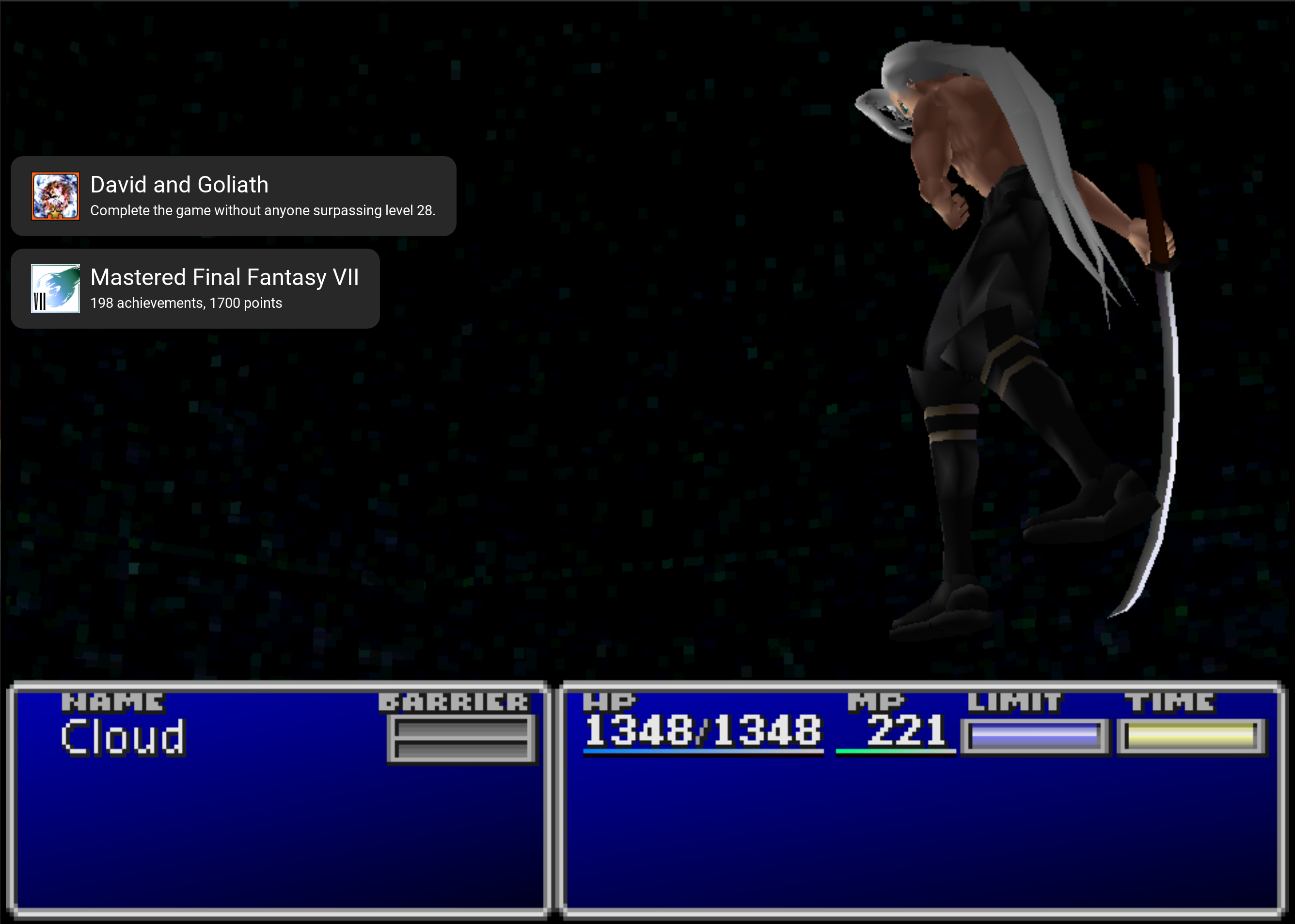 Shirtless Sephiroth staggers as he dies in the final battle; achievement notifications state that David and Goliath was unlocked and Final Fantasy VII was mastered