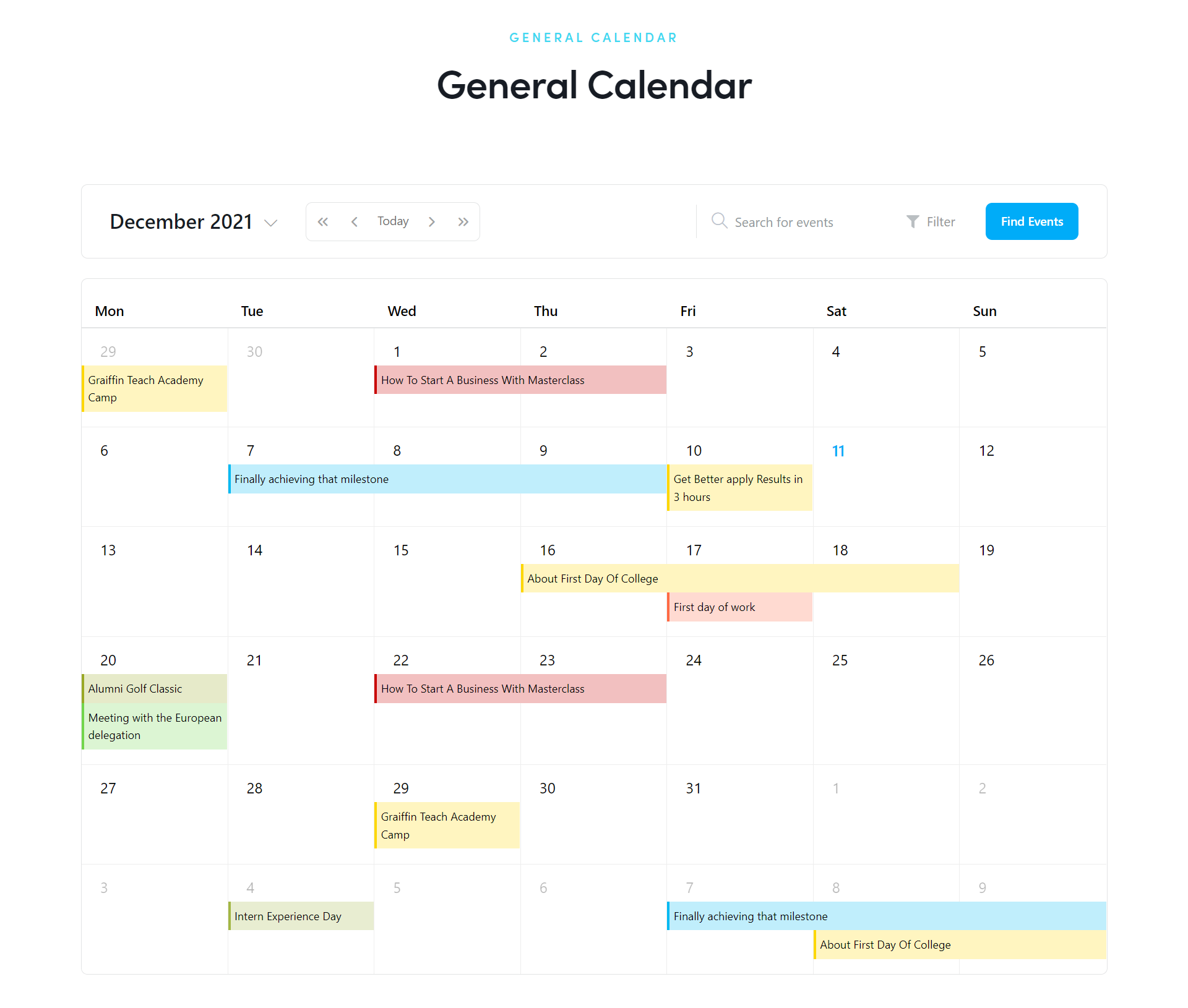 WordPress Event Calendar - Slider view