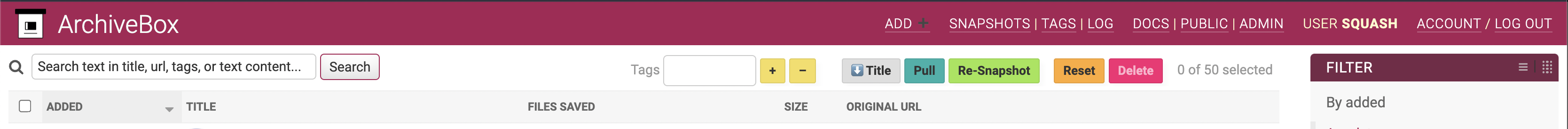 Screenshot of buttons at top of Snapshot admin page