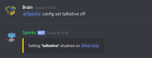 @Sporks config set talkative off