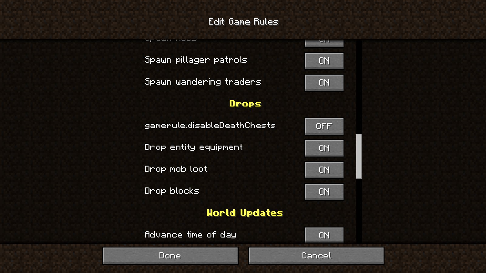 Screenshot of game rules menu