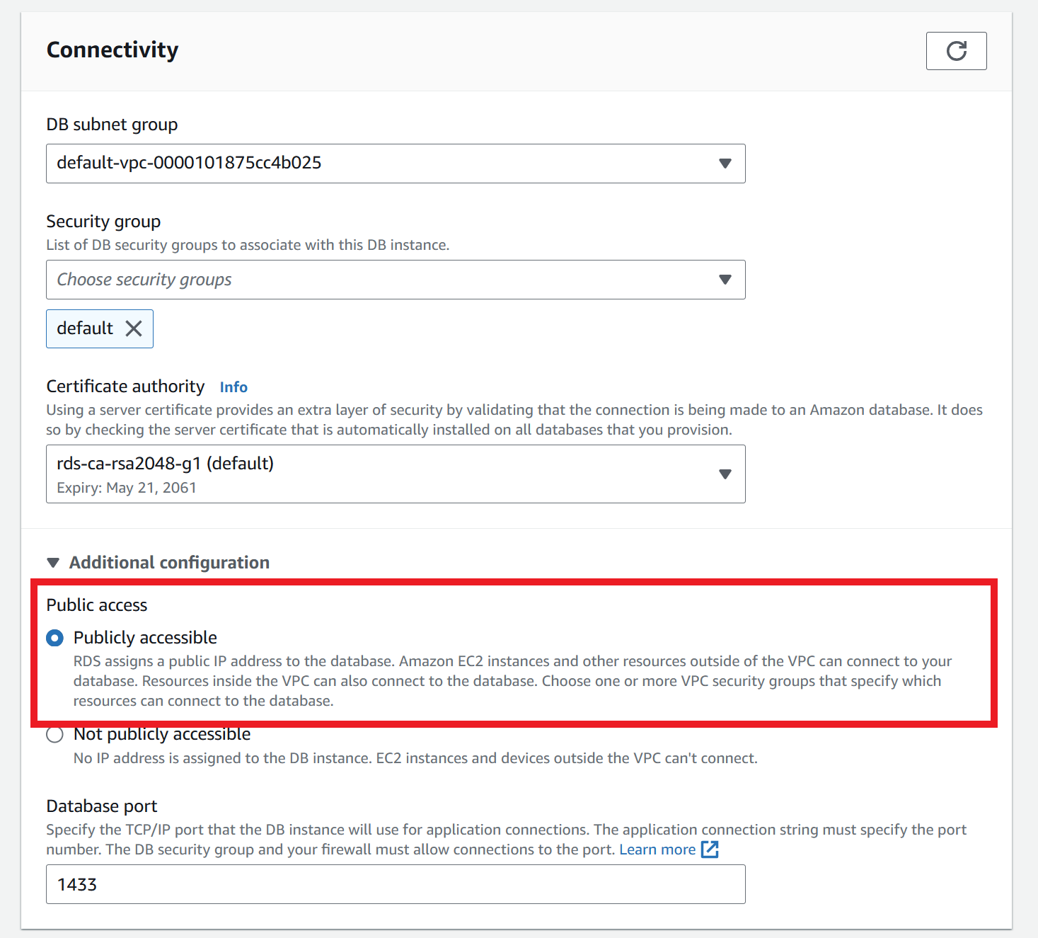 Setting the database to publicly accessible.