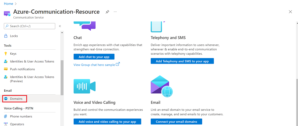 Screenshot showing the left navigation panel for linking Email Domains