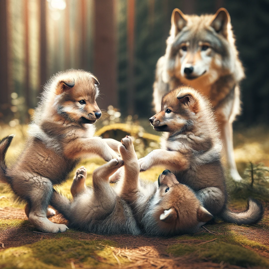 Figure 1: "A cute picture of 2 wolf puppies training by fighting and sparring together, rolling and tumbling together under the watchful care of their mother." ChatGPT