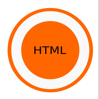 H.T.M.L. HTML in a ball orange with html in black letters. (The short halo is in ti by orange)