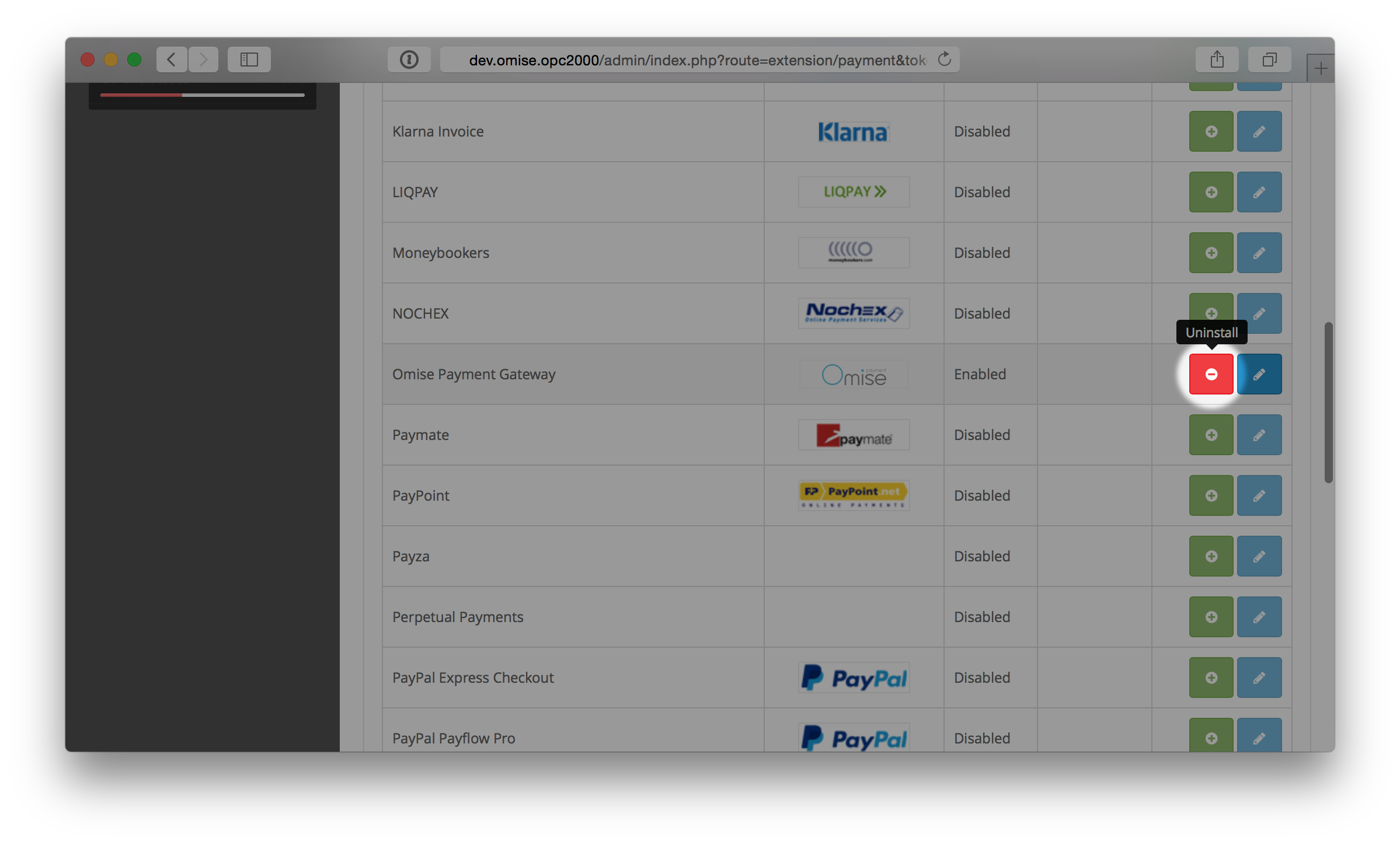 Uninstall Omise Payment Gateway extension menu