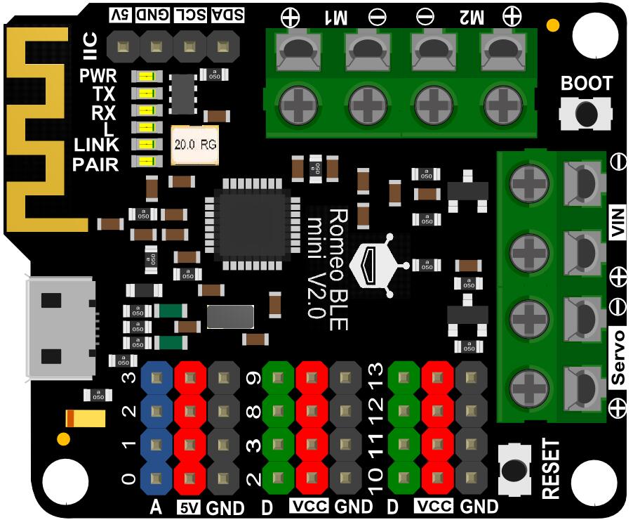 RoMeo BLE mini(V2.0)正面示意图