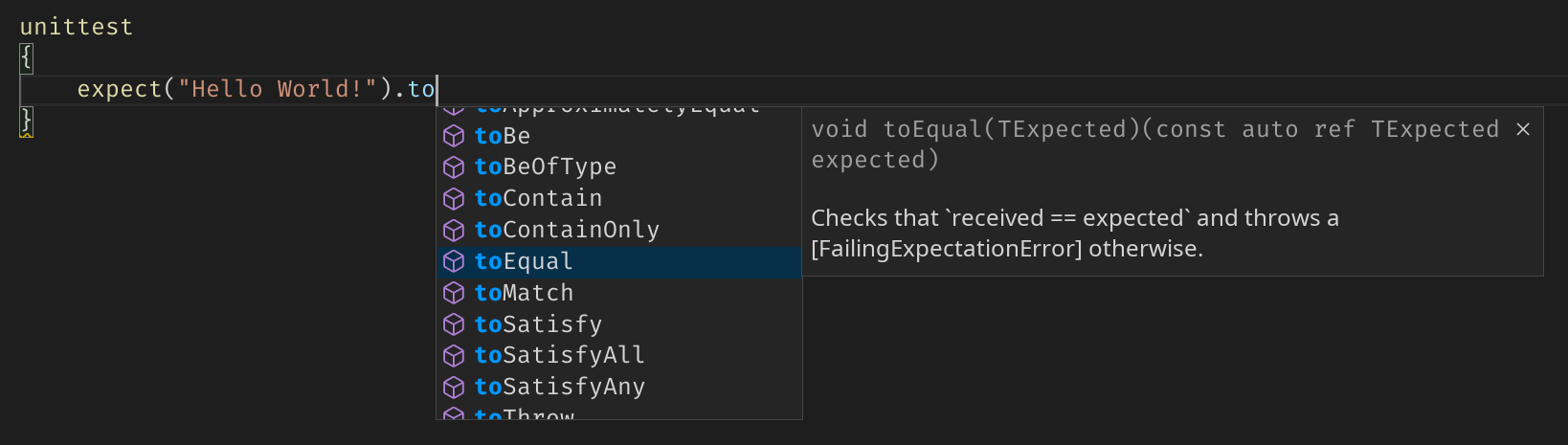 After calling "expect" and typing ".to", VSCode shows a list of available assertions.