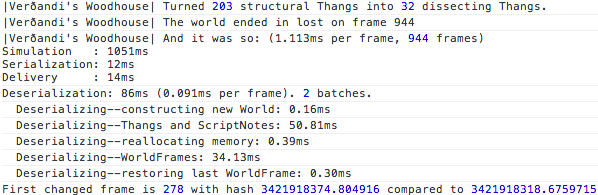 An example performance breakdown of various world serialization stages for Break the Prison