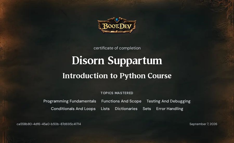 Boot.dev Introduction to Python Course certificate