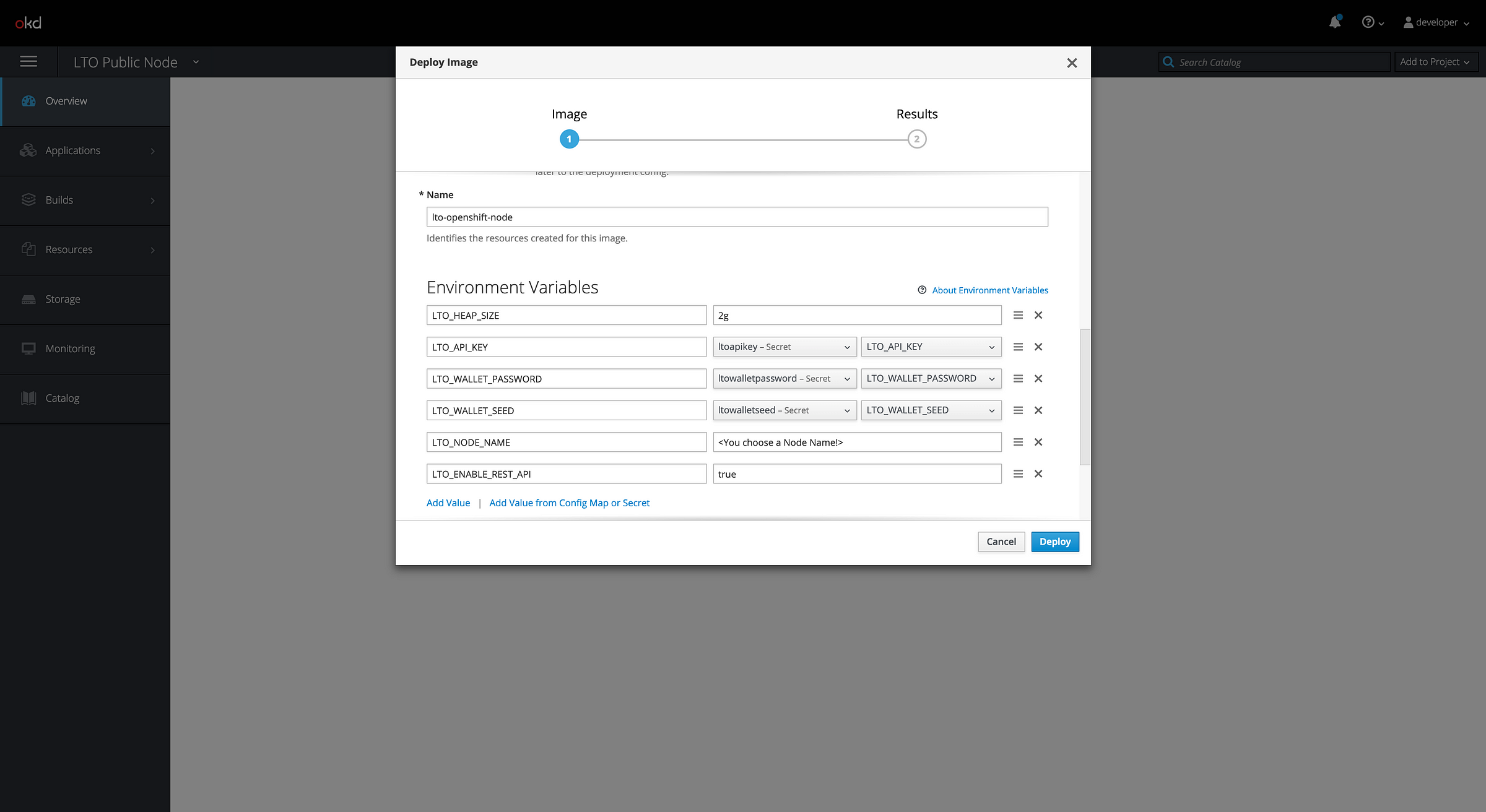 OKD deploy image — environment variables with values from Secrets