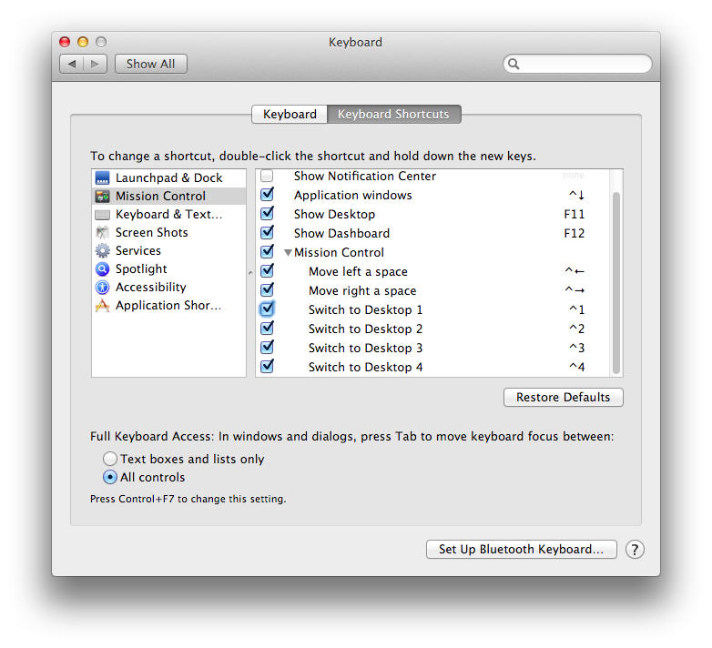 Mission Control keyboard shortcuts