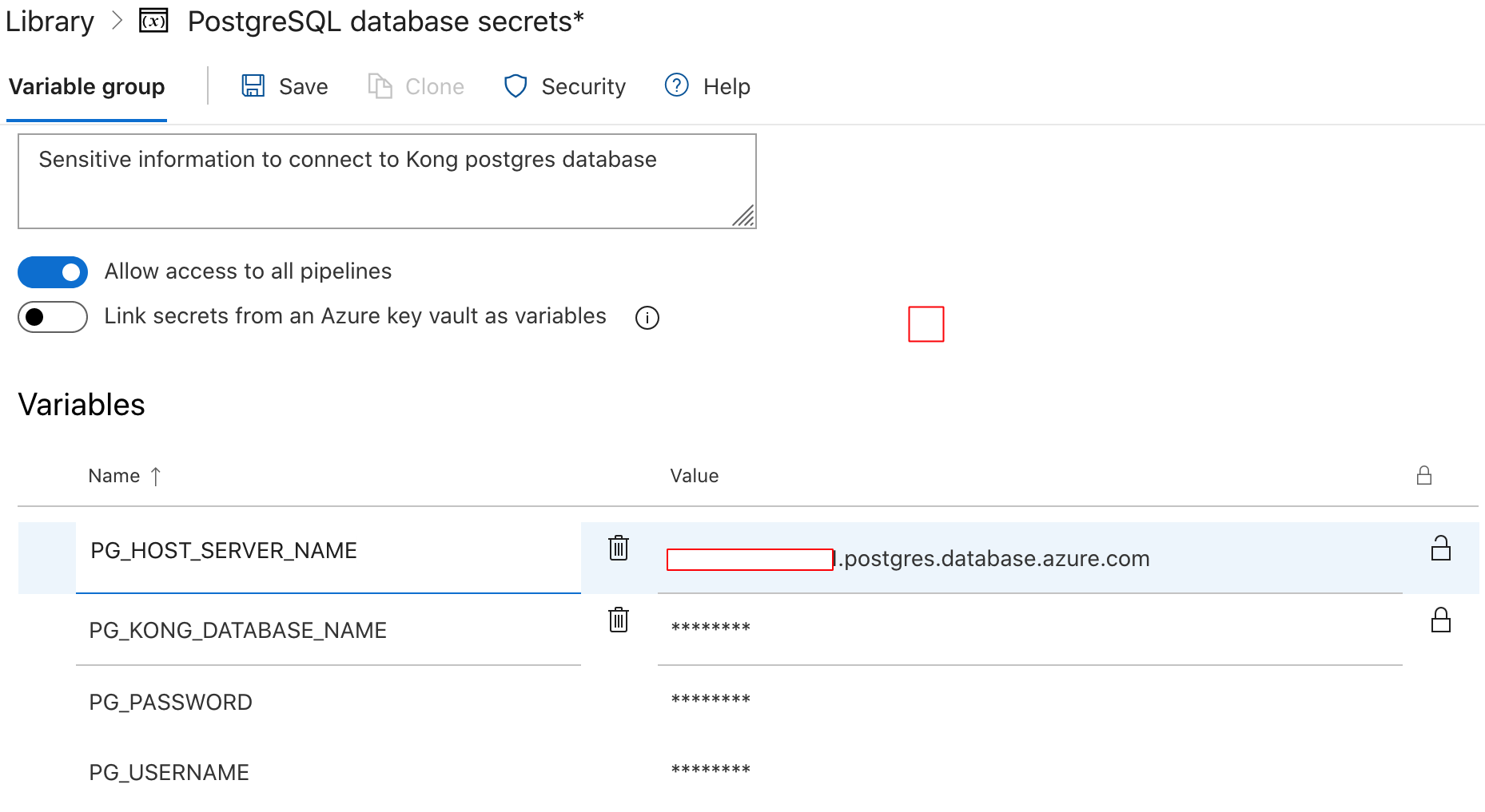 PostgreSQL db secrets variable group