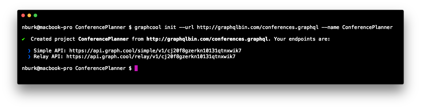 GraphCool command output showing Simple API and Relay API