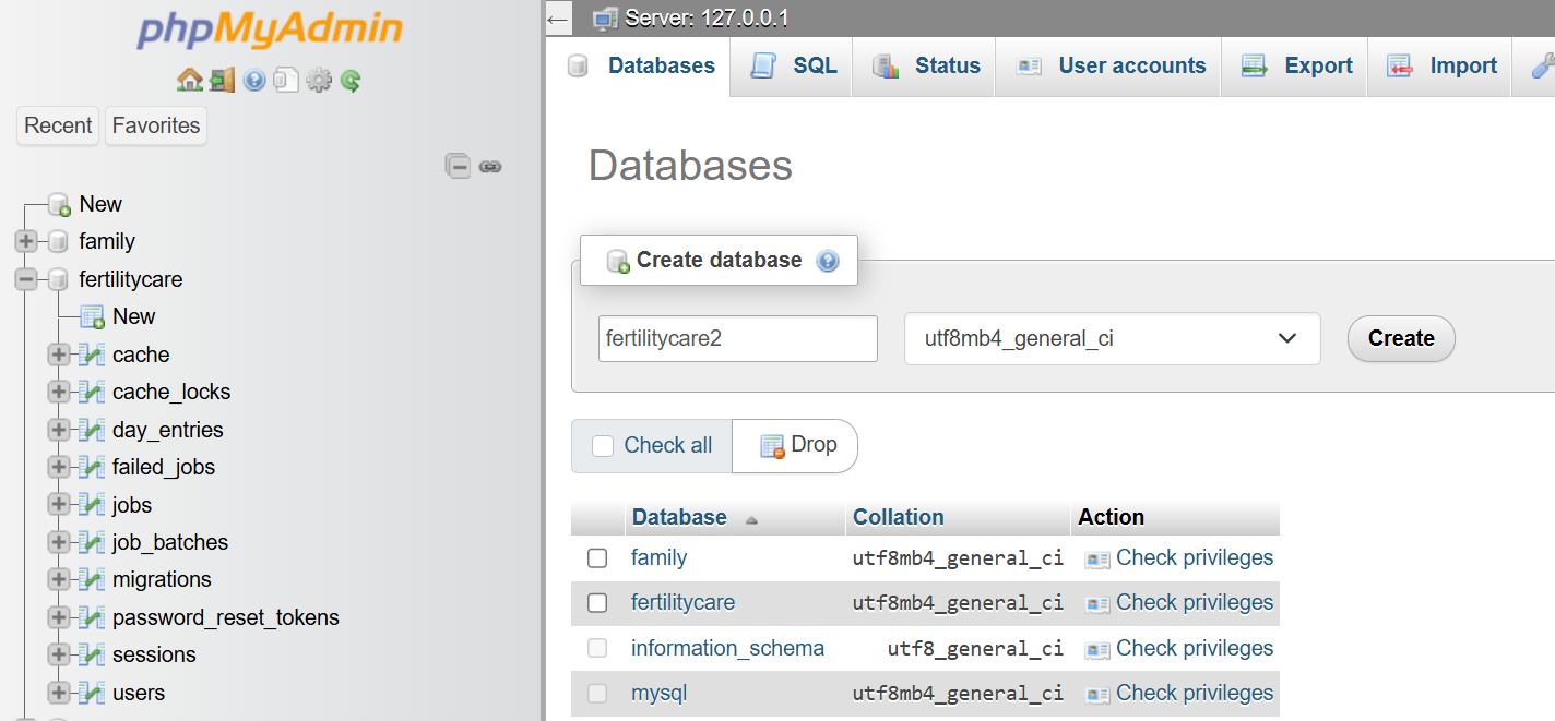 Create database in phpMyAdmin
