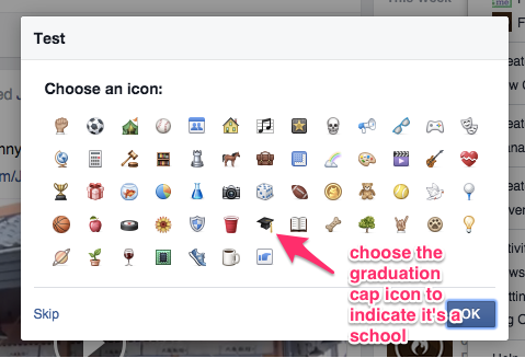 A screenshot telling you to choose the graduation icon, which is on the forth row of icons, seven icons from the left.