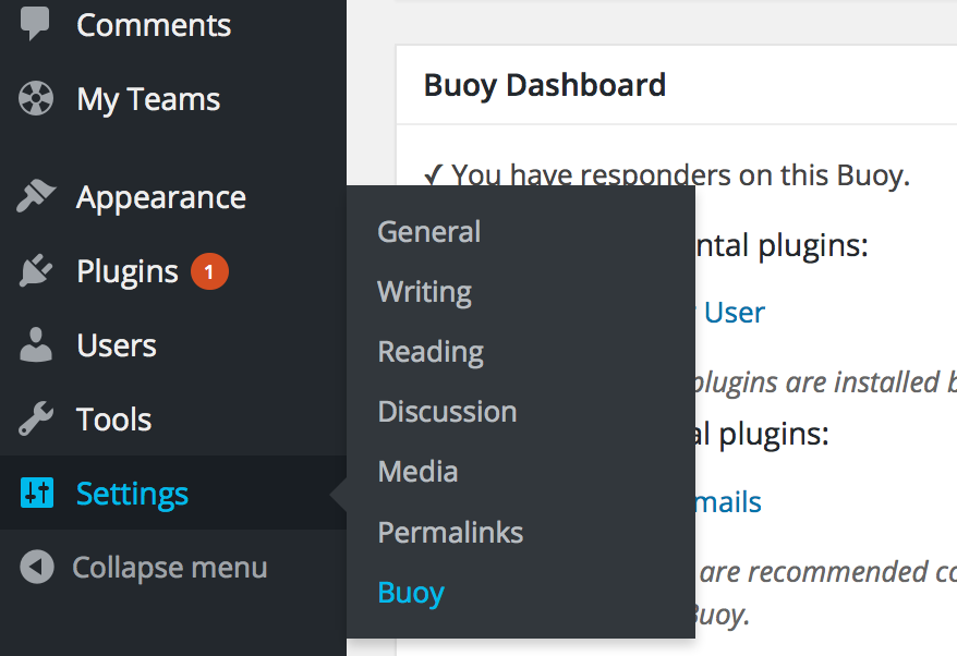 Screenshot of "Settings" submenu fly-out of the WordPress Dashboard Menu.