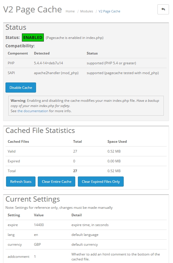 V2Pagecache Admin Panel Screenshot