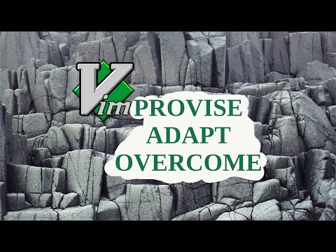 Thumbnail of a video with the text saying Vimprovise, adapt, overcome. Vim logo is placed on top of the beginning of the first word. There are gray rocks in the background.