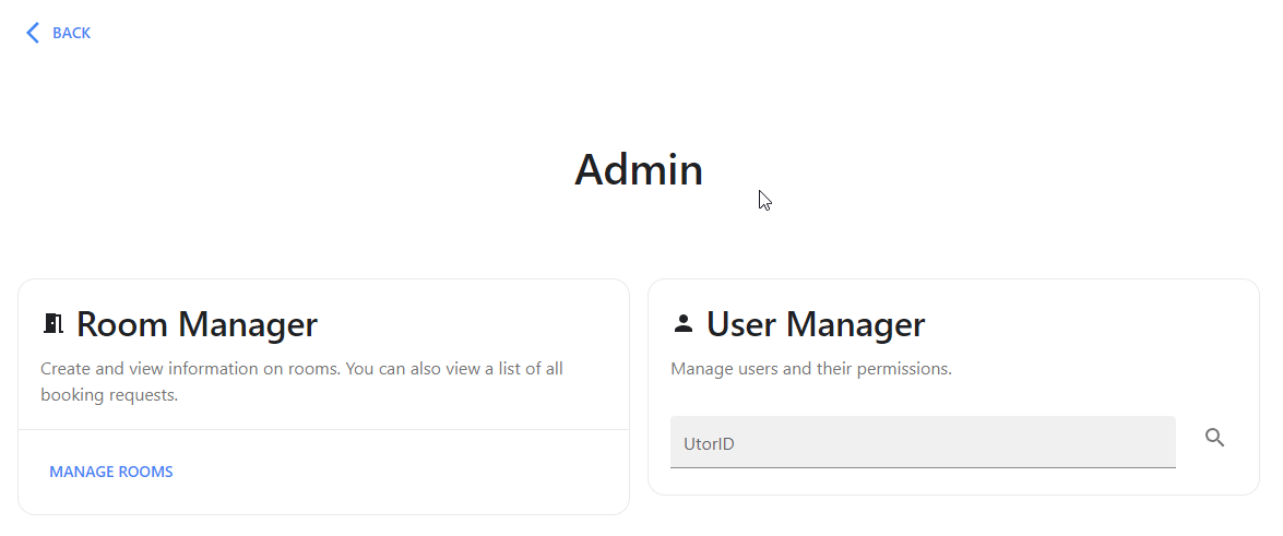 Admin dashboard showing Room manager, User Manager