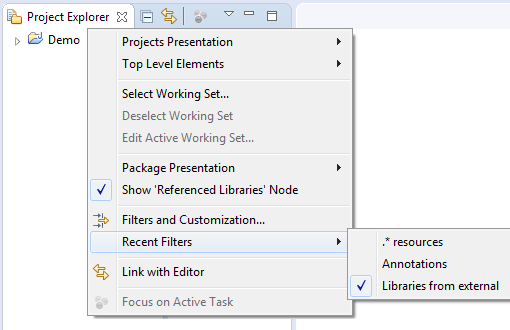 recent filters project explorer