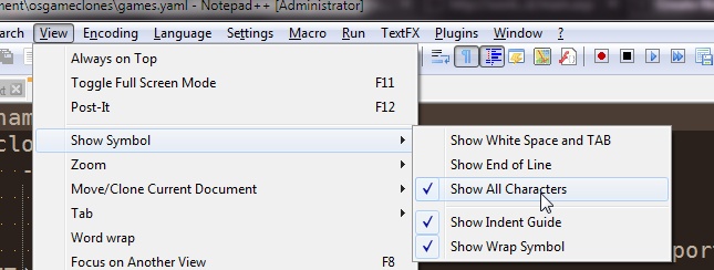 Notepad++ Turn On All Characters