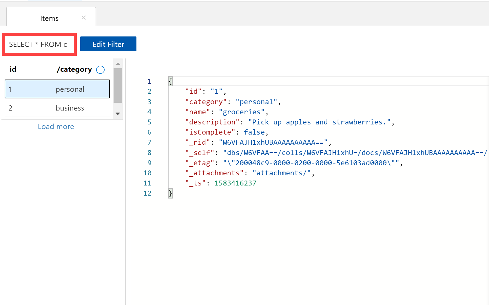 Default query in Data Explorer is SELECT * FROM c