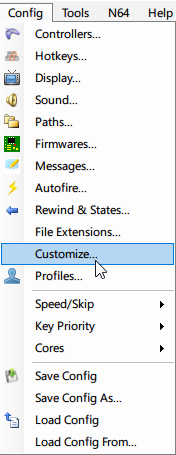 Customize option in the Config menu