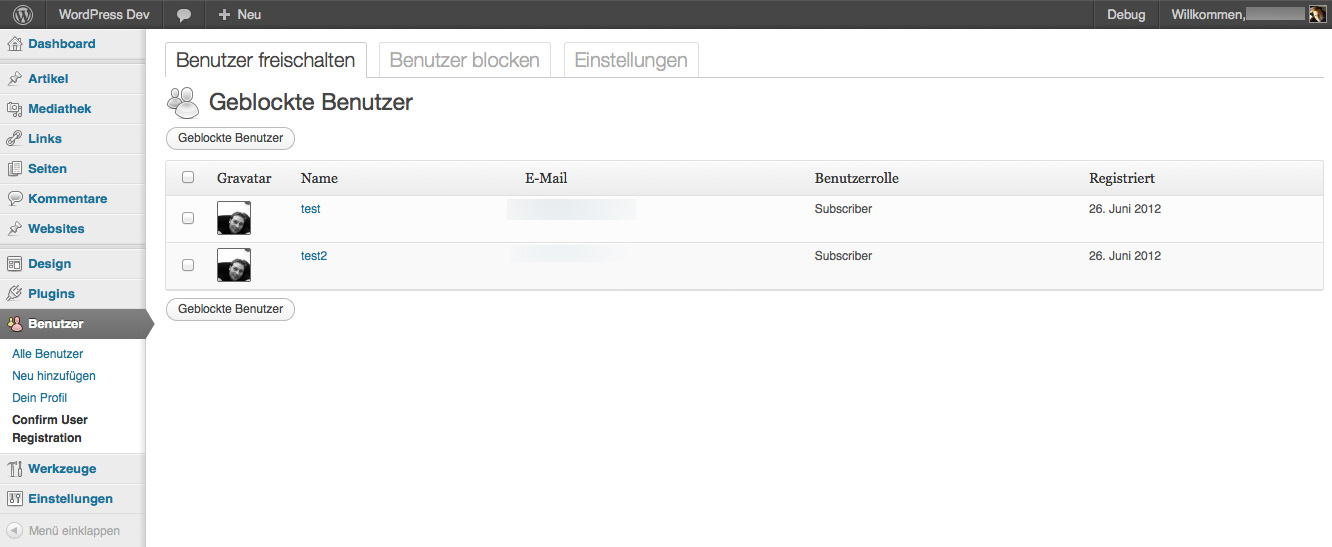 Screenshot of the auth/block users tab