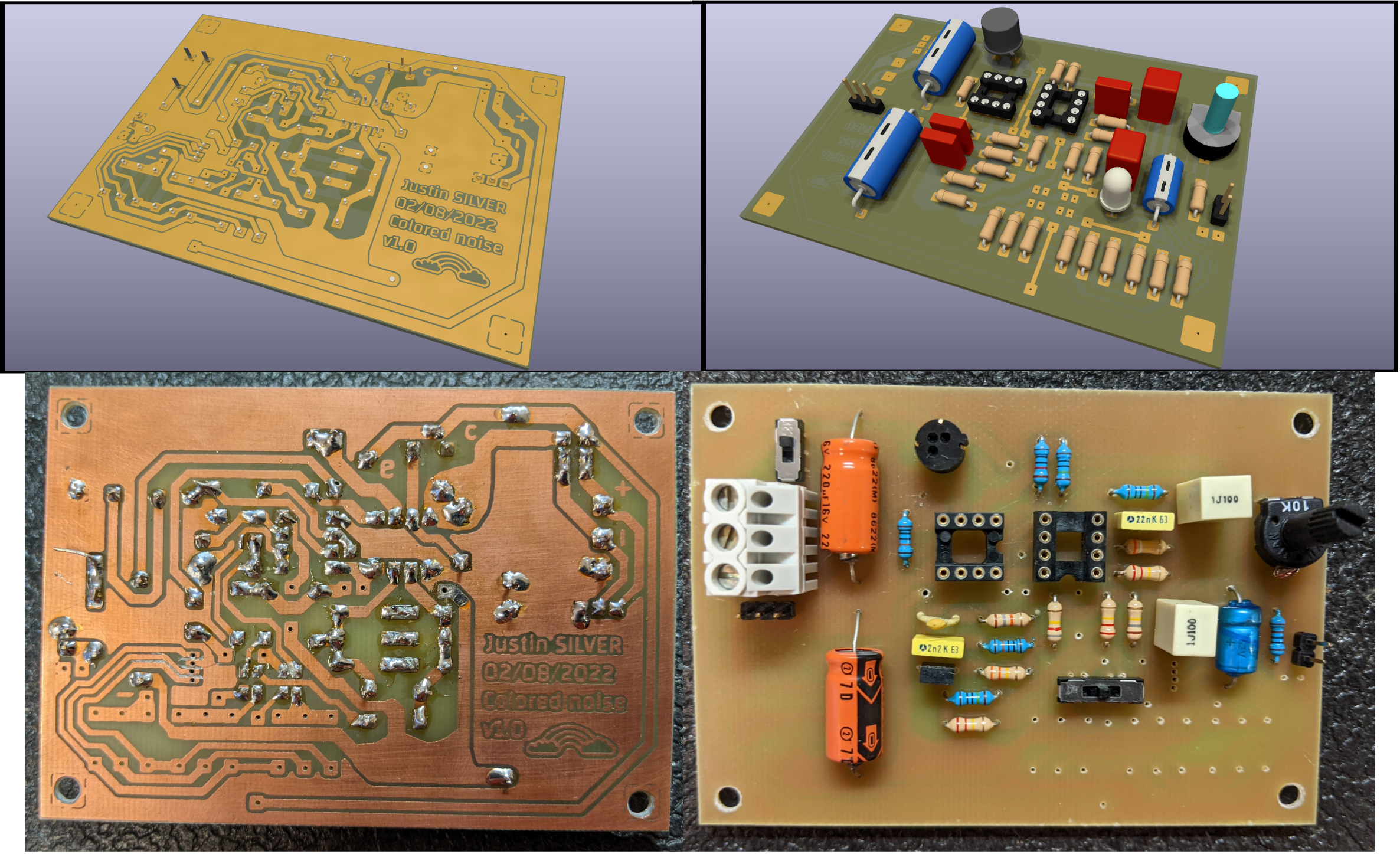 PCB for the project (top: 3D views in KiCad, bottom: fabricated board)