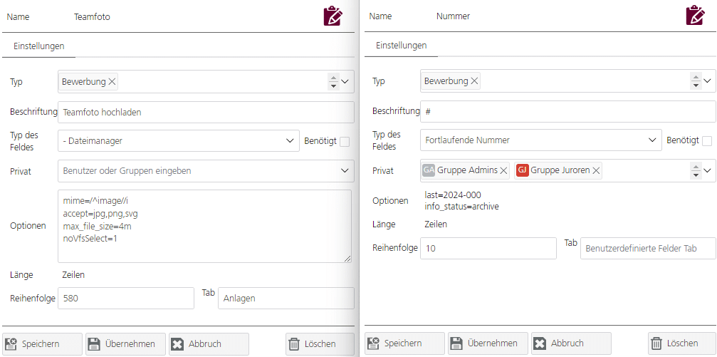 Admin - custom fields - left: upload - right: serial number