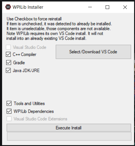 The WPILib installer main dialogue. If this image has broken, you are looking at a window with seven checkboxes, and a prompt at the bottom reading 'Execute Install'.