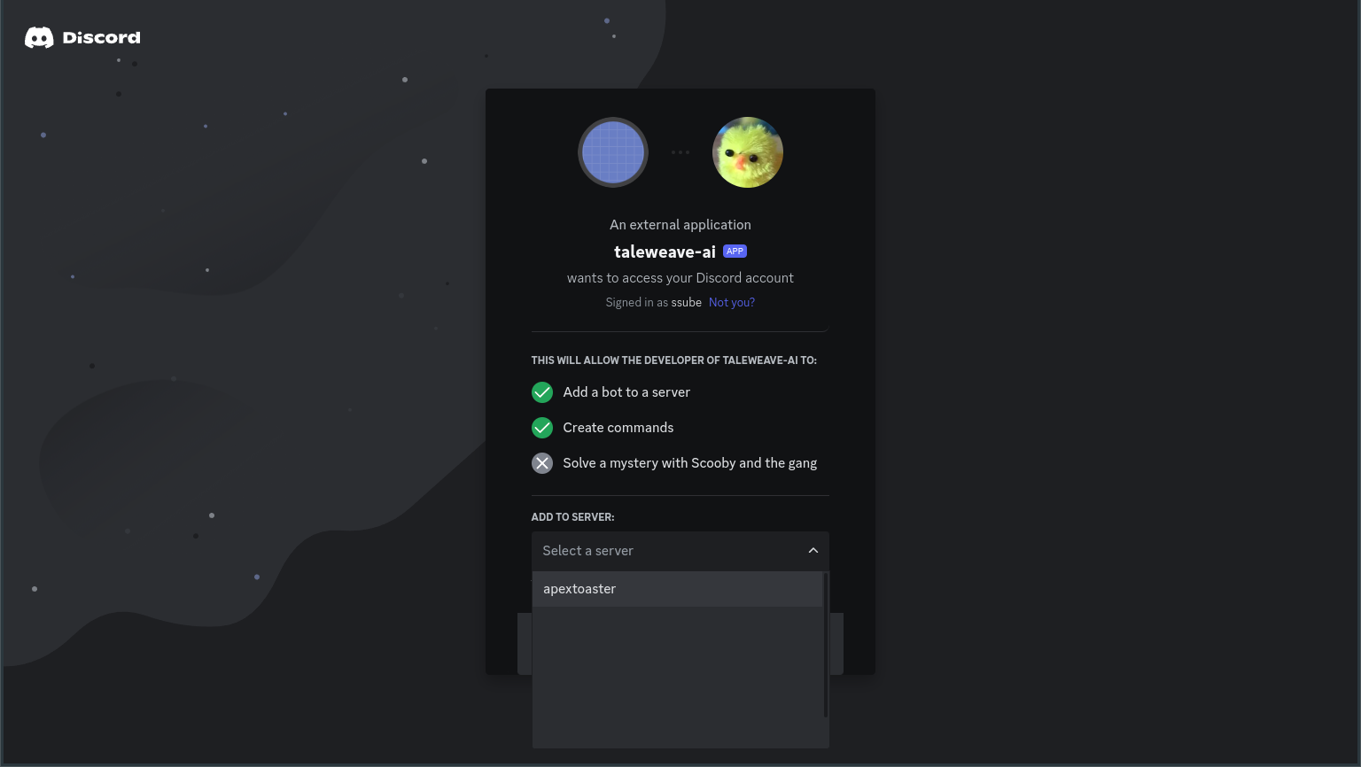 Discord bot invite screen showing server dropdown menu