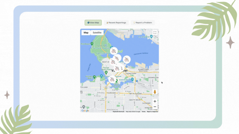 Screen recording demo for WheelScout. There are three tabs at the top. The first tab says 'View Map' with a globe emoji. The second tab says 'Recent Reportings' with memo emoji. The third tab says 'Report a Problem' with a light bulb emoji. The map tab is shown when the site loads, displaying downtown Vancouver with numerous locations marked with circular wheelchair indicators. The user clicks on Amigo Cafe, and a mini modal appears with a photo, name, problem type, and additional information about the report, including when it was posted, and by whom. The user clicks the 'x' icon to dismiss the modal, and clicks on the 'Recent Reportings' tab. The screen switches to reveal a list of latest reports from the community with corresponding information, as well as thumbs up and thumbs down icons that are labelled with 'Did you find this helpful?' alongside. The user clicks on the thumbs up, and a confirmation popup appears. The thumbs up icon then turns green. The user returns to the map tab, and clicks on Science World. After a brief delay, a small modal appears with accessibility information provided by Google Maps, along with a button that says 'report issue'. Clicking the button takes the user to the 'Report a Problem' tab, which is a form that consists of location name, address, problem type as a dropdown, optional problem details, and a date picker. Upon filling in the form and pressing the 'Submit Report' button, the user goes back to the map view, and demonstrates that the Science World report has been added with the information they filled in. Finally, the user goes to the 'Recent Reportings' tab to show that it's been added to the list too.