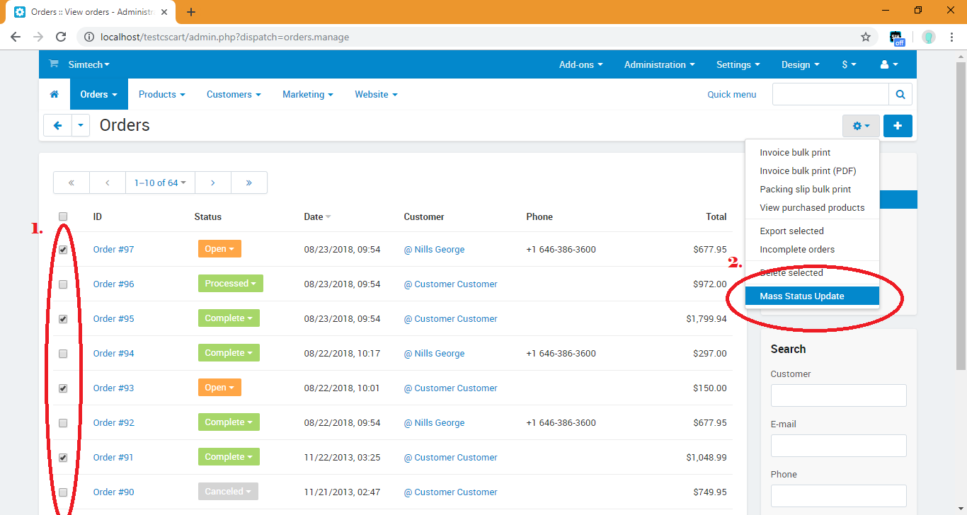 Select orders and click Mass status update