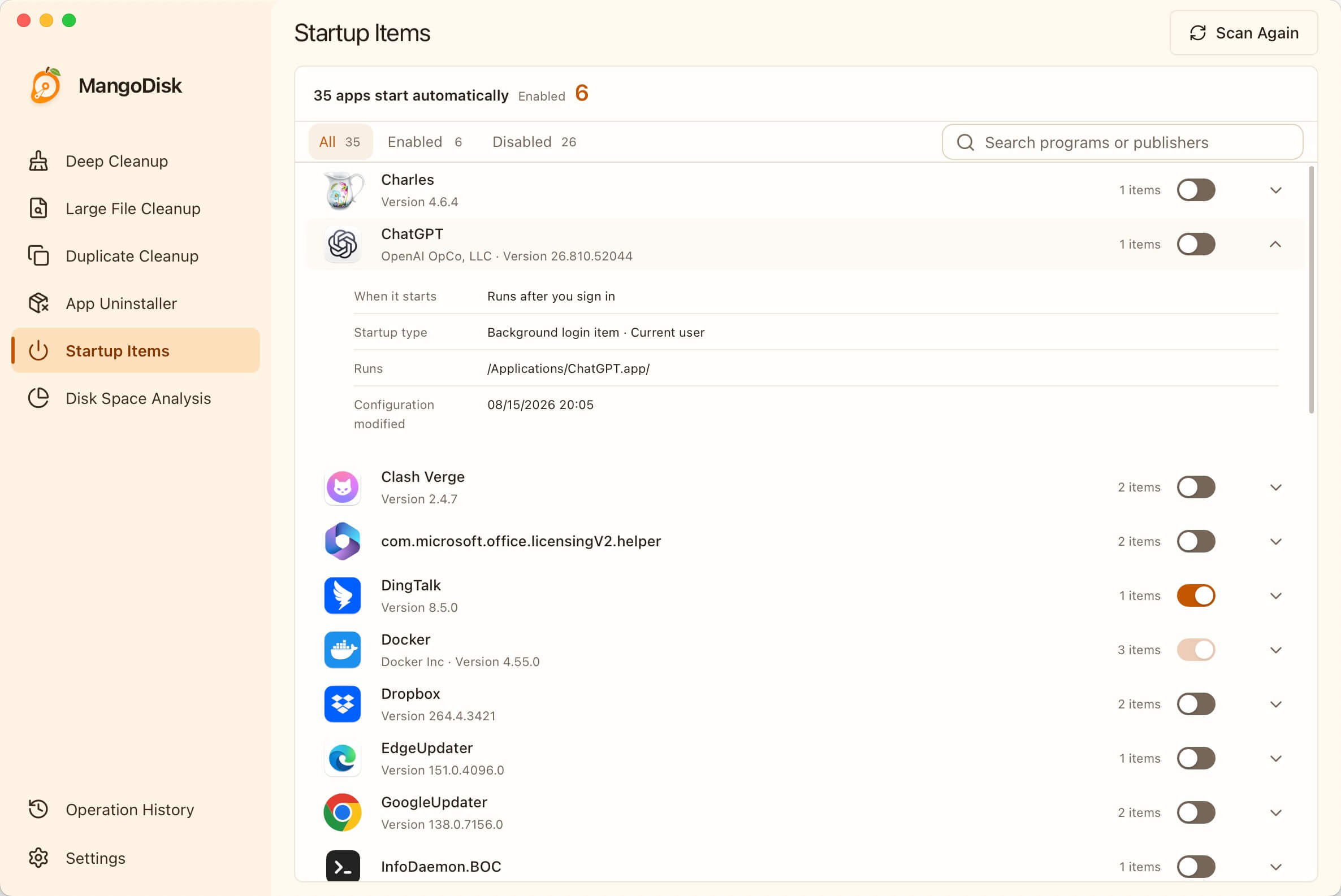 MangoDisk Startup Item Management interface