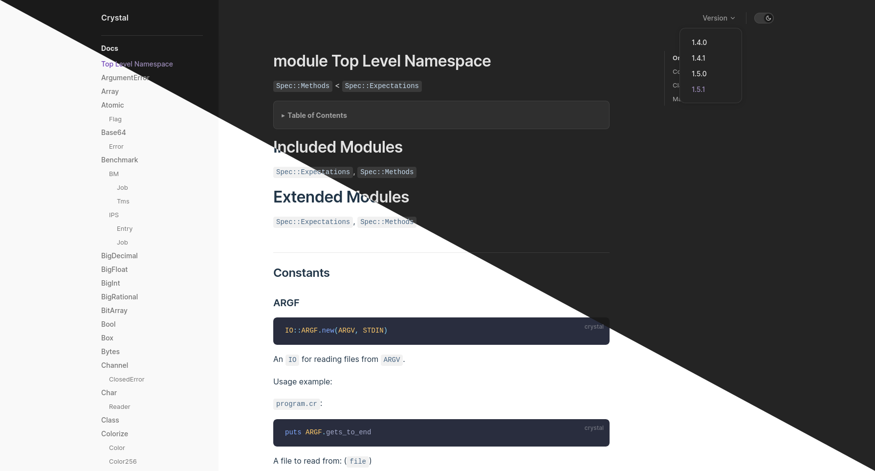 Screenshot of VitePress docs of Crystal-lang api docs. Screenshot is split diagonally showcasing both dark and light themes.