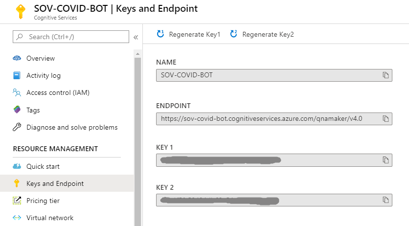 Cognitive Services > Keys & Endpoints